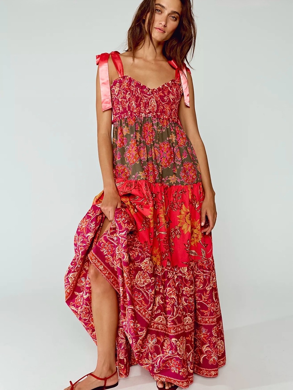 Free People Red & Pink Floral Tiered Tie-Shoulder Maxi Dress